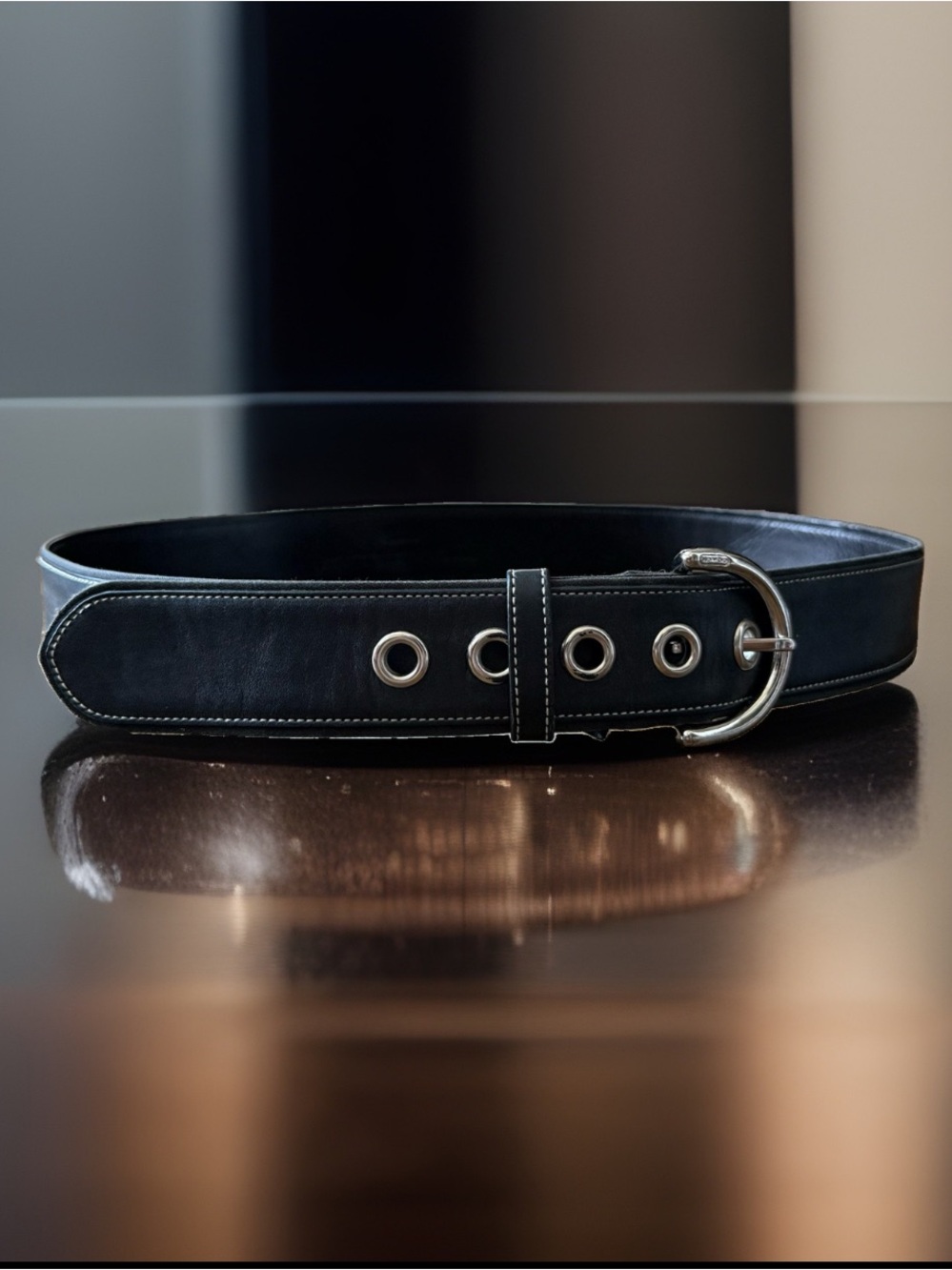 Coach 3963 Black Leather Wide Grommet Belt Medium Y2K Silver Buckle